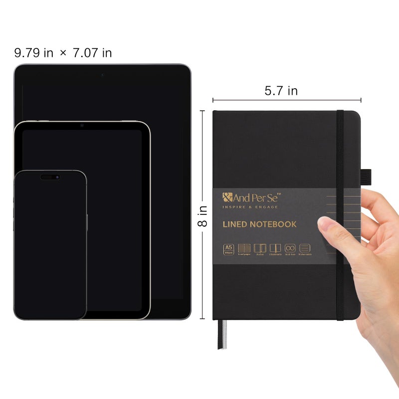 ⩓ Per Se Lined Journal Notebook (5 حزم)، 160 صفحة، A5 5.7 × 8 بوصة مجلات ورقية سميكة مسطرة بالكلية للكتابة، دفاتر ملاحظات ذات غلاف فني للنساء والرجال والمدرسة (أسود) - Image 2